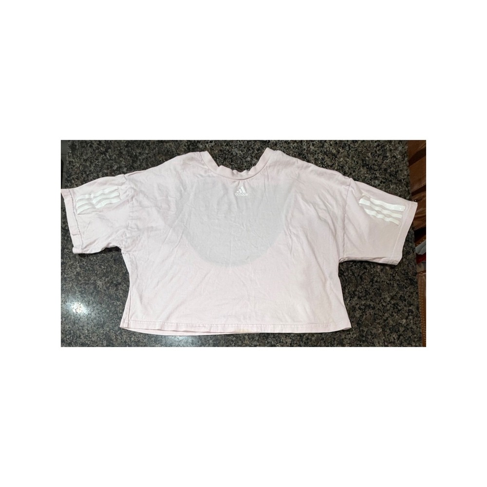 Adidas Womens Light Pink Open Back Crop‎ Top Three Stripe Short Sleeve Tee